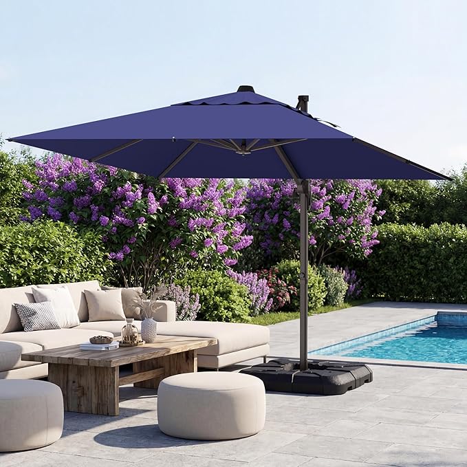 GENTEACO 10X10 FT Cantilever Umbrella, Large Offset Patio Umbrella with 6 Angle Tilts & 360° Rotation, Large Square Sun Umbrellas for Outdoor Patio Pool Deck Market, Navy Blue