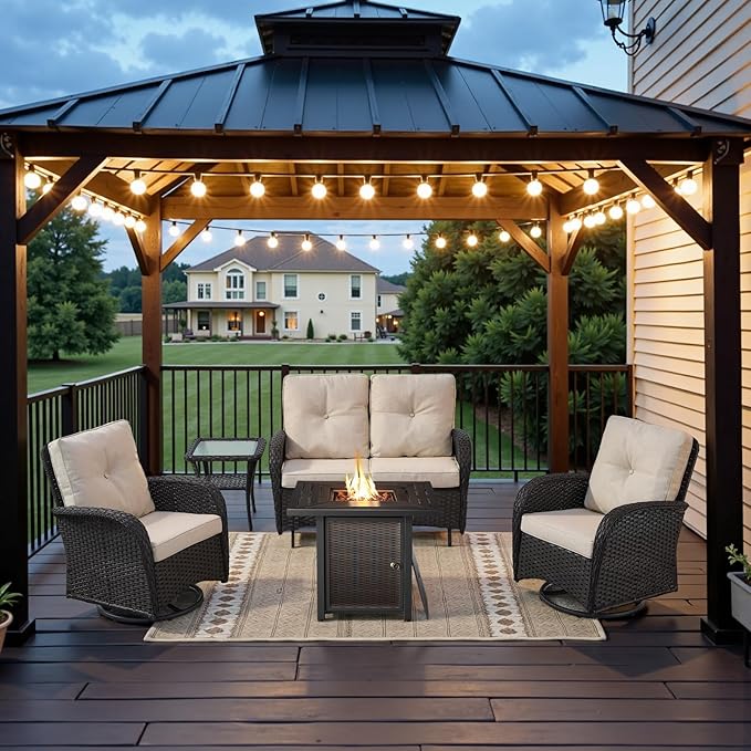 Belord 5 Pieces Patio Furniture Set with 30” Propane Fire Pit Table, Deep Seating Swivel Rocker Glider Outdoor Chairs Set of 4 with Side Table Set of 2 Patio Conversation Set Black Wicker