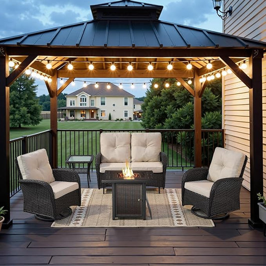Belord 5 Pieces Patio Furniture Set with 30” Propane Fire Pit Table, Deep Seating Swivel Rocker Glider Outdoor Chairs Set of 4 with Side Table Set of 2 Patio Conversation Set Black Wicker