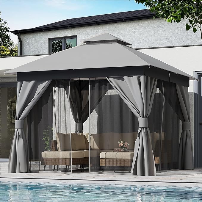 LAUSAINT HOME 10'x10' Outdoor Gazebo, Metal Frame Heavy Duty Patio Canopy Tent Shelter with Double Roofs, Mosquito Nettings and Privacy Screens for Backyard, Garden, Lawn, Gray