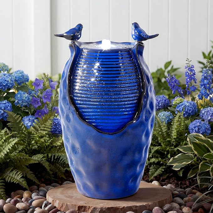 23.5" H Ceramic Jar Outdoor Fountain, Honeycomb Pot Water Feature with LED Lights, Soothing Trickling Waterfall for Garden, Patio, Yard, Balcony or Porch Oasis, Cobalt Blue Glaze, KD Vivid Birds