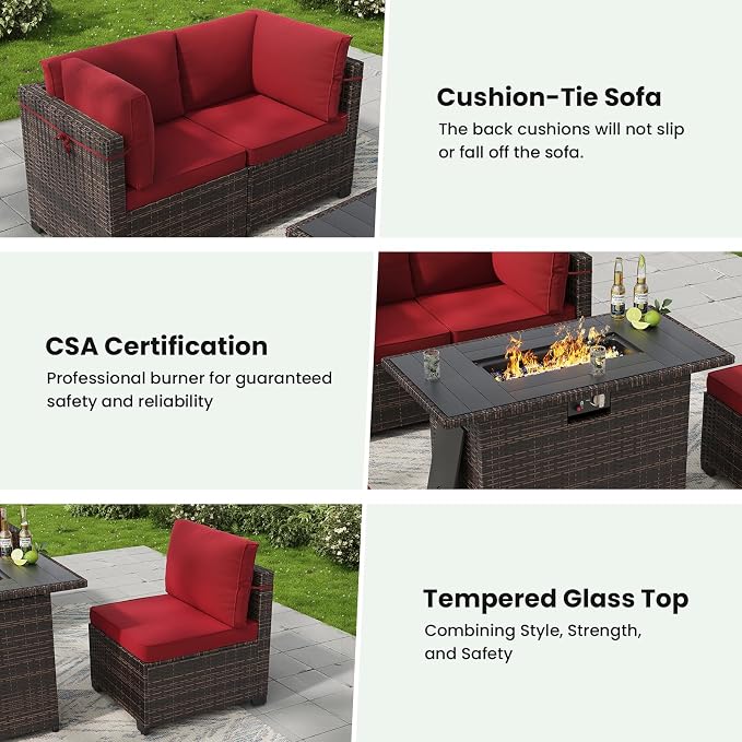 Soohow 8 Piece Patio Furniture Set with 44" Fire Pit Table, Outdoor Sectional Wicker Rattan Conversation Set for Garden, Porch, Backyard - Wine Cushions