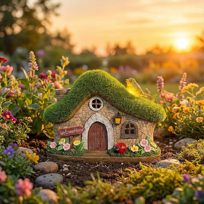 Resin Fairy House Statues with Solar Lights Outdoor for Garden Decor Funny Birds Ladybird Flocked Fairy House with Garden Figurine Patio Yard Lawn Decorations Gift for Mom Women (Green)
