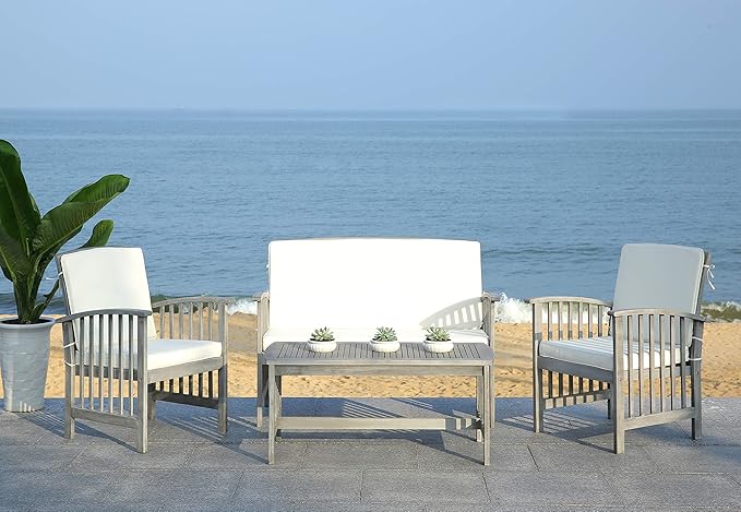 SAFAVIEH Outdoor Collection Rocklin Grey Wash/ Beige 4-Piece Conversation Patio Set with Cushions