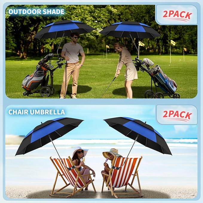 48.6" Double Canopy Beach Umbrella with Clamp, UPF50+ Beach Chair Umbrella with clip, 360°Adjustable Portable Outdoor Wheelchair, Patio, Golf Carts,Camping(Blue/Black)