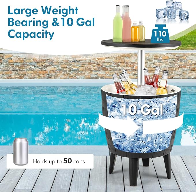 LDAILY Outdoor Cooler Table, 3-in-1 10 Gallon Ice Bucket with Height-Adjustable Tabletop, Cocktail Side Table with 110LB Capacity & Drain Plug for Poolside, Backyard, Patio Parties (Black)