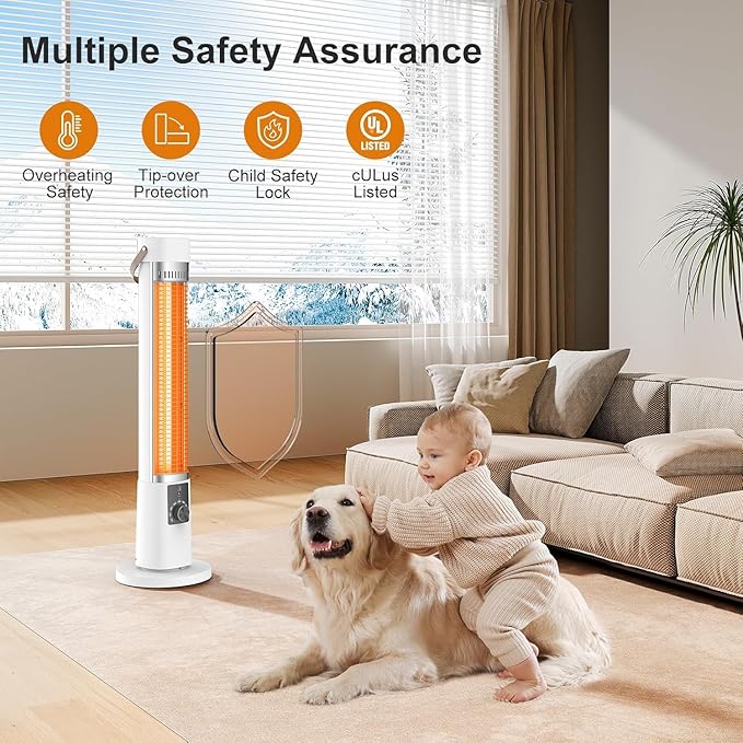 Outdoor Heater for Patio for porch garage indoor use, 9H Timer, 60° Oscillation & 9 Heat Level, Tip-Over/Overheating Protection, Safety Lock, Super Quiet, IPX5, White