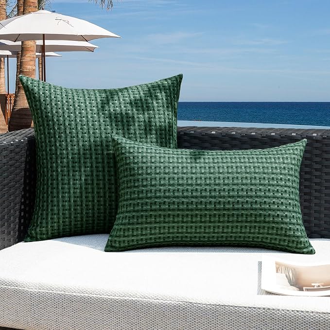 Kevin Textile Outdoor Waterproof Throw Pillow Covers Pack of 2 Farmhouse Decorative Cushion Covers for Garden Patio Tent Balcony Bench Couch Sofa 26x26 Inch, Dark Green