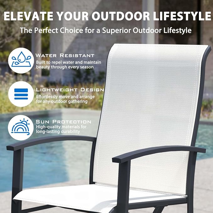 9-Piece Outdoor Dining Set for 8 – 60" Black Round Outdoor Table with Umbrella Hole & 8 White Patio Swivel Chairs, All-Weather Patio Furniture