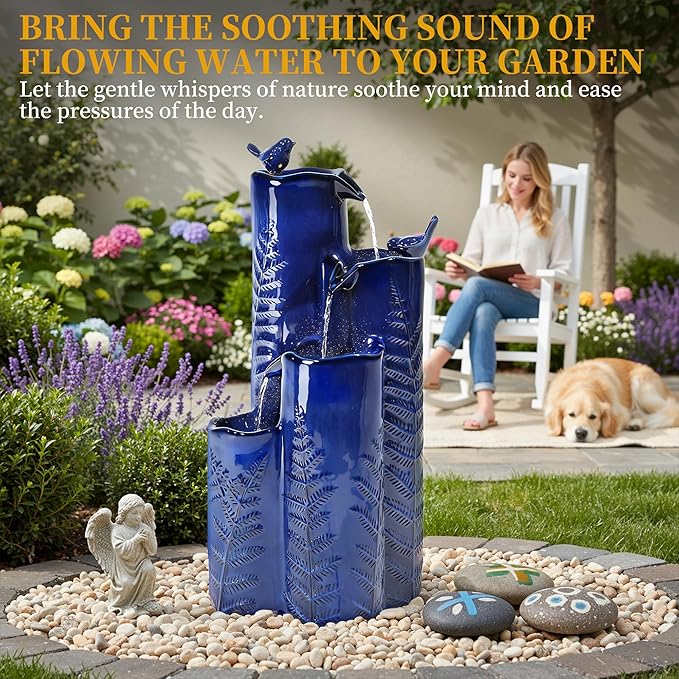 32" Outdoor Water Fountain, Ceramic Outdoor Fountain, Stacked 4-Tier Vase Waterfalls for Garden, Patio, Yard, or Porch Decor, Creating Relaxing Serene Oasis, Embossed Leaf Pattern, Cobalt Blue