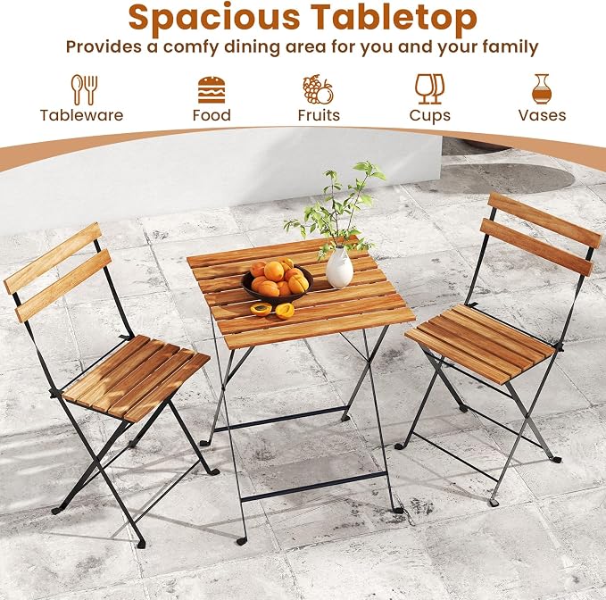 Tangkula 3 Pieces Patio Dining Set, Outdoor Square Table and Folding Chairs with Metal Frame, Space Saving Furniture Set for Yard Porch Deck Backyard