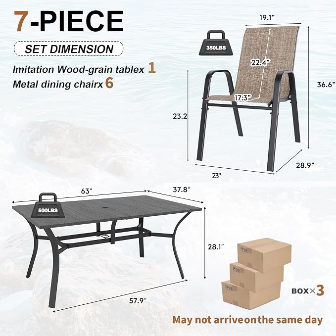 Outdoor Dining Set for 6, Patio Metal Table and Chairs Set with 1.97'' Umbrella Hole, 7pcs Patio Furniture Set 63”x37.8” Dining Table Set with Stackable Chairs for Backyard Pool Deck