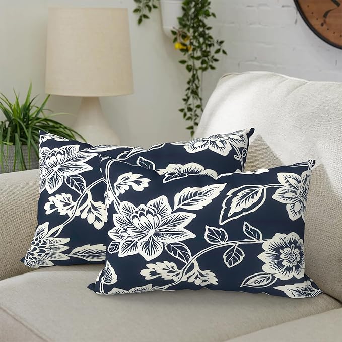 DYTXIII Pack of 2 Waterproof Outdoor Lumbar Pillow with Inserts, 12x20 in Rectangle Decorative Patio Throw Pillow for Home, Sofa,Bench and Patio Furniture, Vines Navy