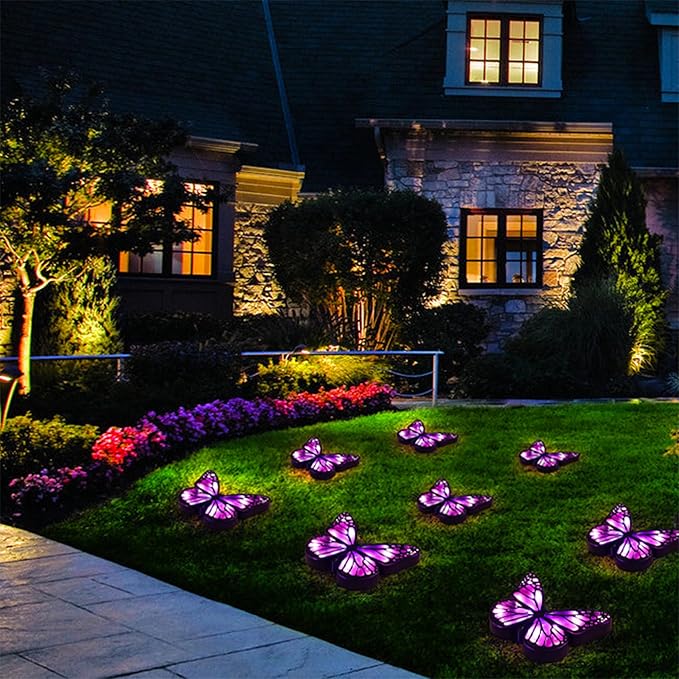 ground lights, equipped with 4 solar lights for outdoor waterproofing, butterfly solar landscape lighting, suitable for gardens, courtyards, terraces, corridors, lanes, and walkways (purple)