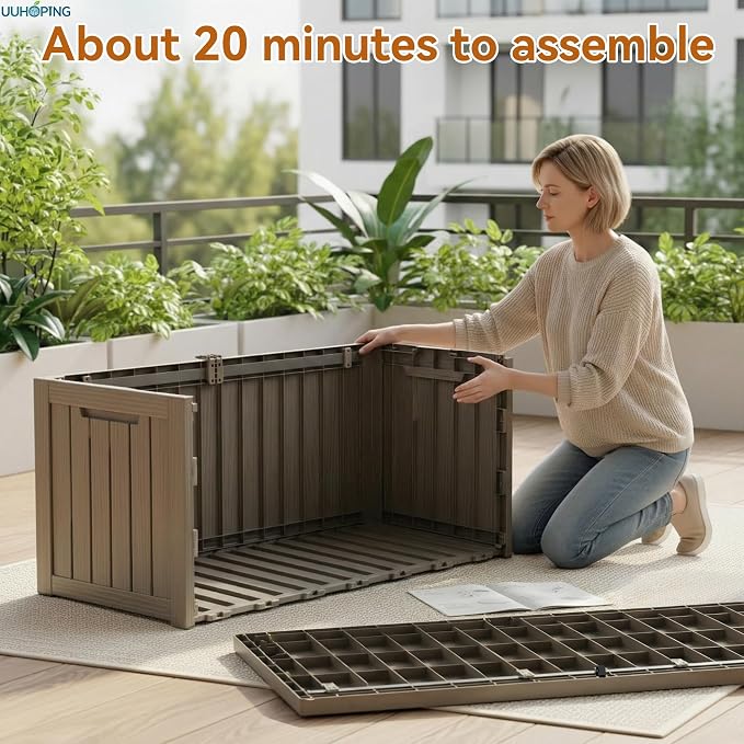 150 Gallon Outdoor Deck Box, Resin Waterproof Storage Box With Lockable Lid, UV-Resistant Multi-Purpose Outdoor Storage Bench for Patio Cushions, Garden Tools, Pool Accessories (Grey)