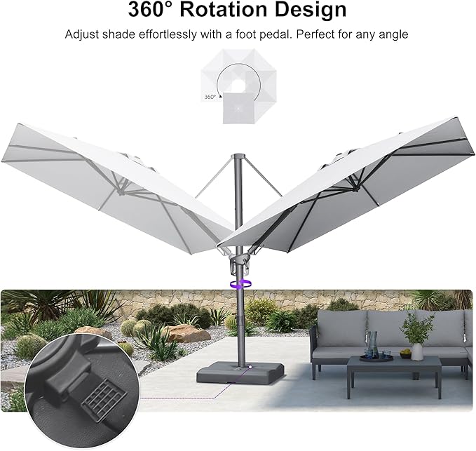 PURPLE LEAF 8' X 8' Swivel Outdoor Patio Aluminum Umbrella with Base Left-right Tilting Cantilever Offset Umbrella with UV Resistant Heavy Duty Fabric for Deck Pool Patio Backyard, Pebble Grey