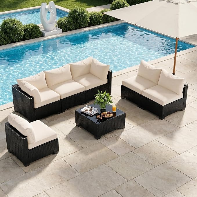 Patio Furniture Set, 7-Piece Outdoor Sectional Couch with Coffee Table & Thick Cushions, Outdoor Wicker Conversation Set for Backyard, Poolside, Garden (Black-White, 7 Piece-Single)