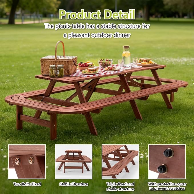 95" Picnic Table with Benches for 14-16 Persons, Outdoor Wooden Rectangle Dining Set for Patio, Garden, Backyard, Large Outside Table with Umbrella Hole, Brown