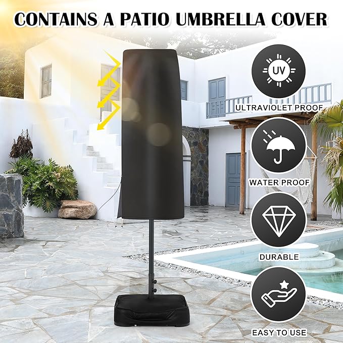 Sundale Outdoor Solar 15 ft 144 LED Olefin 5-Year-Non-Fading Patio Umbrella with Sandbag Base Included and Cover, Outdoor Double-Sided Umbrella with Lights