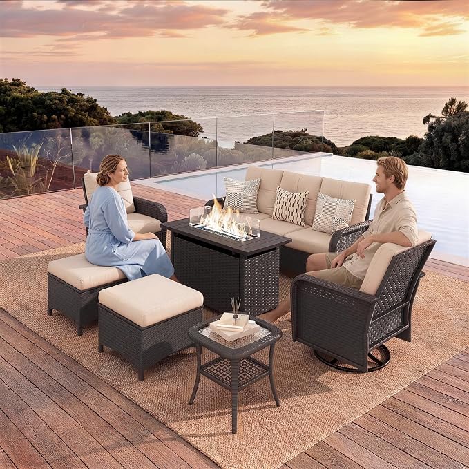 LazySunsets 9 Piece Outdoor Patio Furniture Set with 44'' Fire Pit Table, Outdoor Patio Furniture Set with High Back Swivel Rocker Chairs, Outdoor Conversation Set with Thick Cushions & Ottoman, Beige