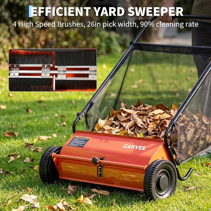 Push Lawn Sweeper 26Inch-Heavy Duty Walk Behind Leaf Collector and Yard Sweeper for Outdoor,Patio,Driveway,Garden Grass Sweepers,4 High Speed Spinning Brush,7 Cu. ft. Hopper Capacity