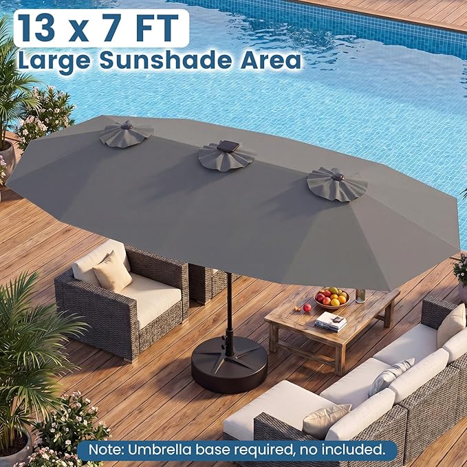 Tangkula 13 Ft Solar Patio Umbrella, Double-Sided Extra Large Outdoor Market Table Umbrella with Multi-Colored Flowing LED Lights, Crank Handle, 12 Sturdy Ribs for Poolside, Garden & Backyard (Gray)