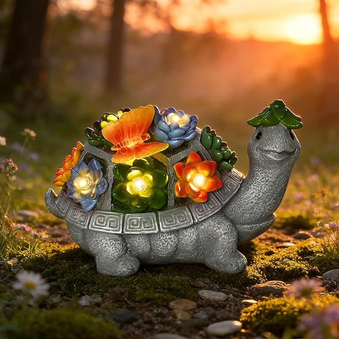 Solar Turtle Garden Statue with Butterfly, Succulent & LED Lights, Lawn Ornament for Yard Patio Porch Balcony, Outdoor Decor Figurine - Gifts for Mom Grandma Women