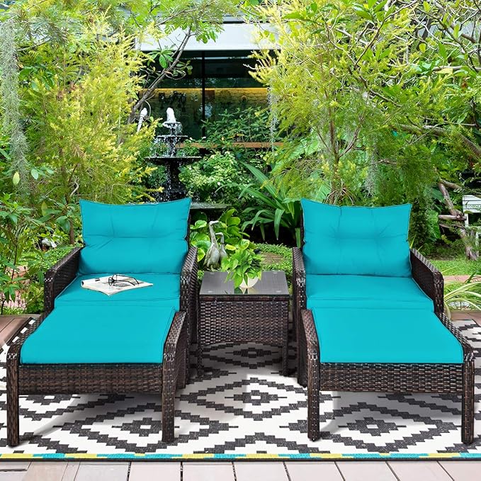 Tangkula 5 Pieces Wicker Patio Furniture Set, PE Rattan Outdoor All Weather Cushioned Sofas and Ottoman Set, 2-Person Outside Conversation Set for Lawn, Poolside, Yard, Balcony, Deck (Turquoise)