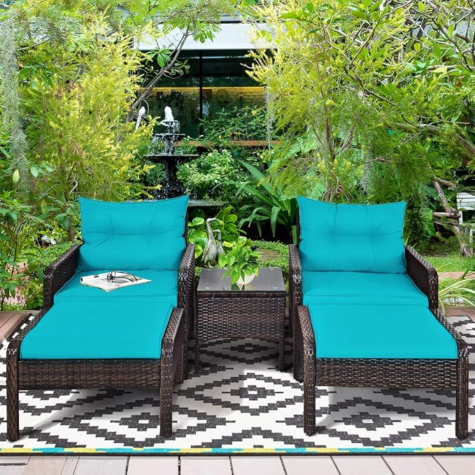 COSTWAY 5 PCS Patio Rattan Furniture Set, Outdoor Cushioned Sofa with Ottomans and Coffee Table, Wicker Conversation Set for Backyard Porch Lawn Poolsid, Turquoise