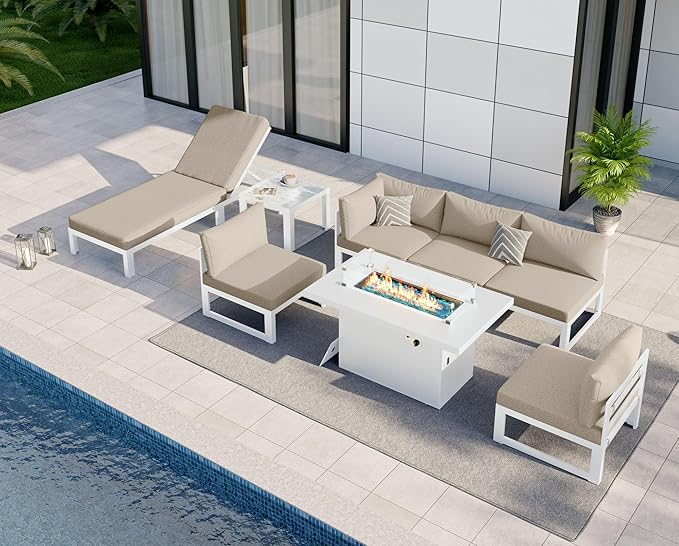 NICESOUL 8 Piece Modern Aluminum Outdoor Patio Furniture Set with Lounger & Fire Pit Table, Extra Large All-Weather Modular Sectional Couch, 29" Wide Deep Seating Conversation Sofa for Poolside, Beige