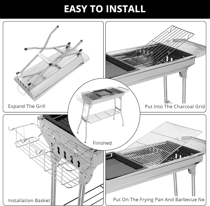 Outvita Portable Charcoal Grill, 39 x 12x 28" Foldable Barbecue Grill, Stainless Steel BBQ Grill for Outdoor Cooking Camping Hiking Picnic Garden Beach Party(Large)