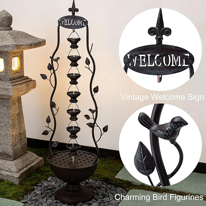 42" Water Fountain Set of 2, 7-Tiers Outdoor Indoor Floor Standing Waterfall Metal Water Flow for Patio Yard Porch Garden Home Decor
