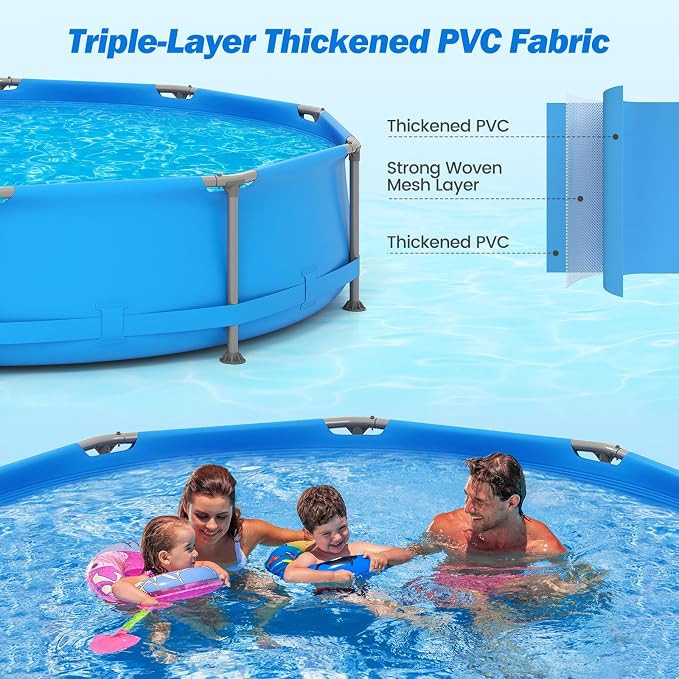 Goplus Above Ground Swimming Pool, Frame Family Pool Set w/Metal Frame, PVC Fabric, 3 Stoppers, Drainage Valve Connector, for Outdoor, Backyard, Garden, Patio (12' Round w/Solar Cover, 1617 Gal, Blue)