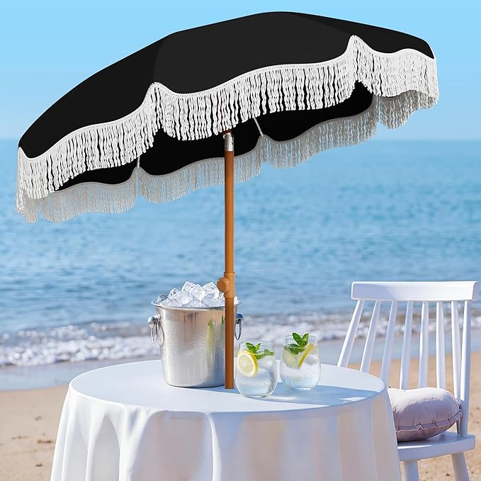AreShark 7ft Patio Umbrella with Fringe, UPF50+ Beach Umbrella for Table, Pool & Garden, Portable Outdoor Tassels Umbrella w/Fiberglass Ribs&Push Bottom Tilt(Black)