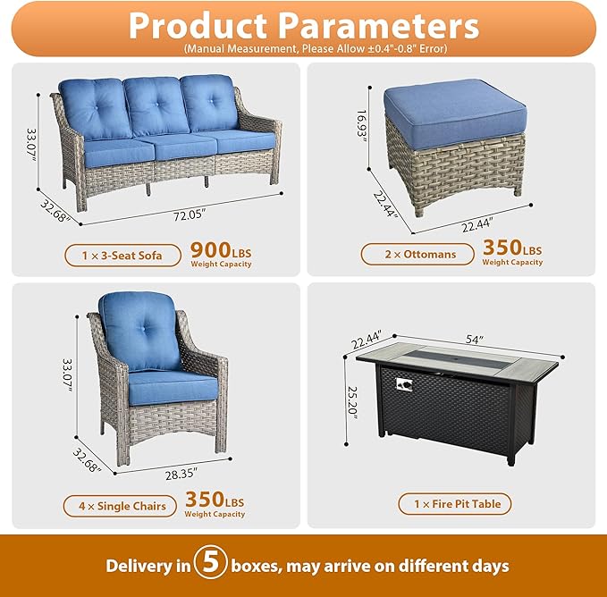 Outdoor Patio Furniture Sets, 8 PCS Patio Conversation Set Outside Rattan Sofa with 54 in Fire Pit Table Comfy Cushions Fit Backyard Porch Garden Poolside Balcony,Diamond Blue