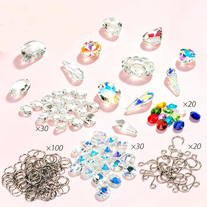 212pcs Crystal Suncatcher Kit, Glass Prisms for Chandelier Parts | K9 Crystal Prism Suncatcher, DIY Kit, Rainbow Maker for Window & Home, 12 Hanging Prisms Set, Shiny Decor Pendants Gift