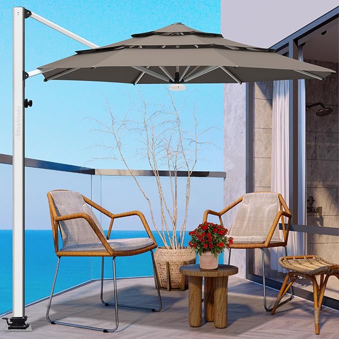 EliteShade USA APOLLO 3-Tier 11FT Full Aluminum Cantilever Patio Umbrella for Outdoor Restaurant Garden Courtyard Deck Pool and Marketing with Light (No battery), Taupe