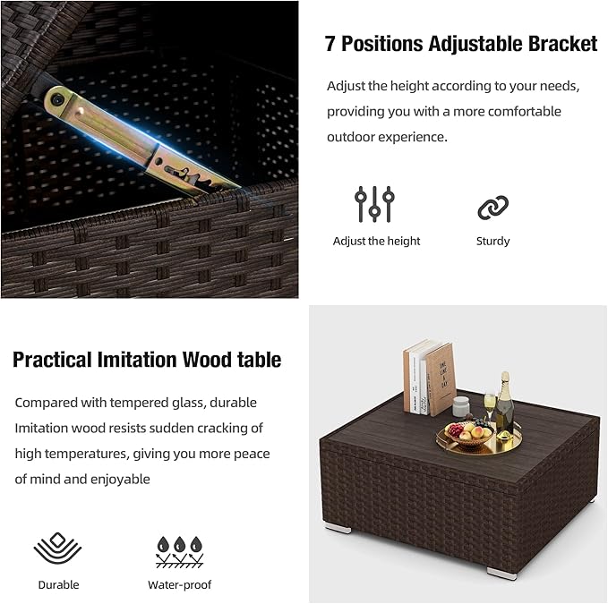 HOMREST 8 Pieces Outdoor Patio Furniture Set with 44" Propane Fire Pit Table, PE Rattan Sectional Sofa Conversation Set w/Adjustable Bracket, Wood Coffee Table for Backyard (Blue)