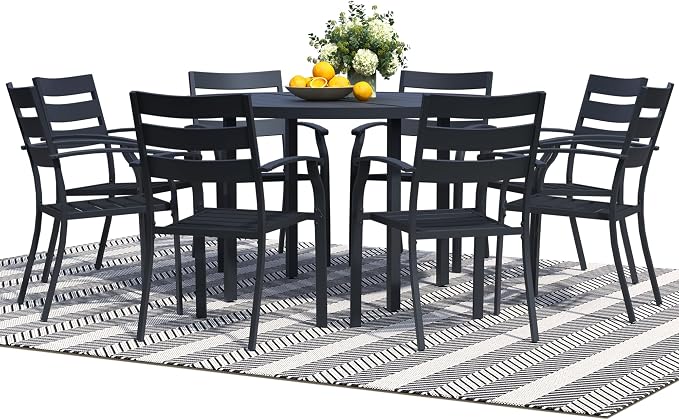 9 Pieces Outdoor Dining Set for 8, 60" Black Metal Round Outdoor Dining Table and 8 Black Metal Stackable Patio Chairs with Arm, Patio Table and Chairs Set for Lawn Garden Backyard