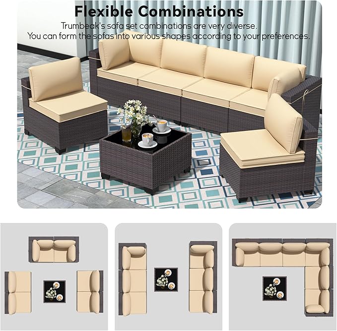 Patio Furniture Set 7 Pieces Outdoor Sectional Sofa Set,All Weather Wicker Patio Sofa PE Rattan Patio Conversation Set w/Cushions and Glass Coffee Table,Sand