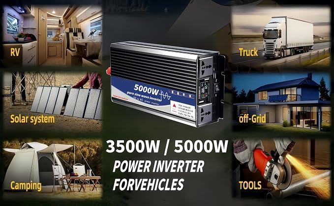 5000W Power Inverter 12V DC to 110V AC Converter with LED Display Dual AC Outlets Dual Fans Radiating for RV, Camp, Boat and Home Emergency Portable Pure Sine Wave Inverter (Smart Screen, 5000W 12V)