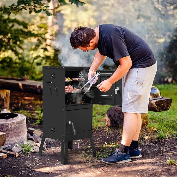 40" Vertical Steel Charcoal Smoker Grill,Heavy Duty BBQ Grills,Outdoor Camping Backyard Barbecue Grill,Metal Barbecue Smokers,with Thermometer,for Patio Garden Beach Porch Lawn Yard (Black)
