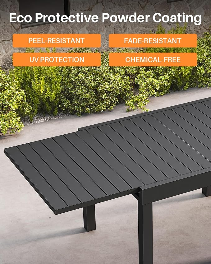 Patio Aluminum Extendable Dining Table, Never-Rust Expandable Outdoor Dining Table for 4-8 Person, 38"-77" Expandable Patio Table Rectangle Patio Dining Table for Porch, Deck, Garden, Black