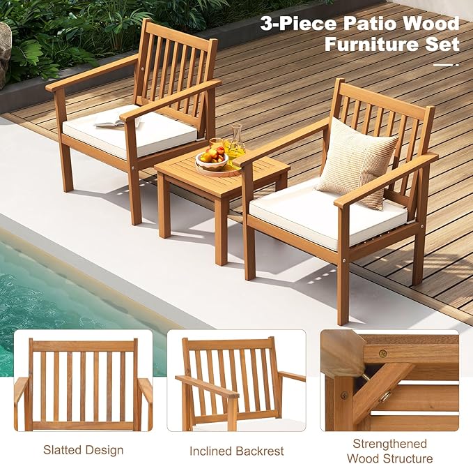 Tangkula 3 Pieces Patio Wood Furniture Set, Acacia Wood Chairs and Coffee Table Set with Soft Cushions, Slatted Design, Outdoor Furniture Set for Porch, Yard, Balcony (White)