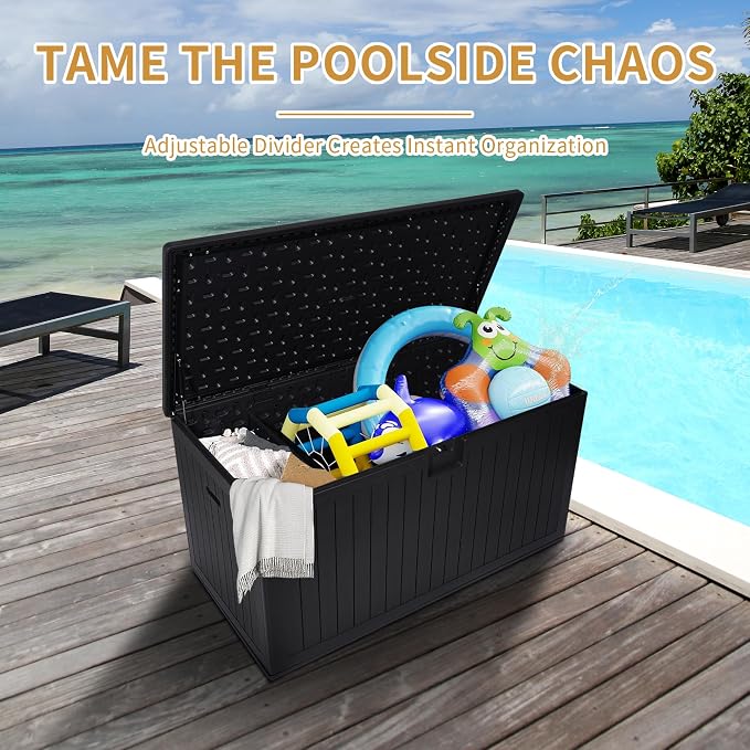 BLUECC Outdoor Deck Box Waterproof, Extra Large Plastic Patio Storage Cabinet with Lockable Black 69.7"*32.3"*32.3"