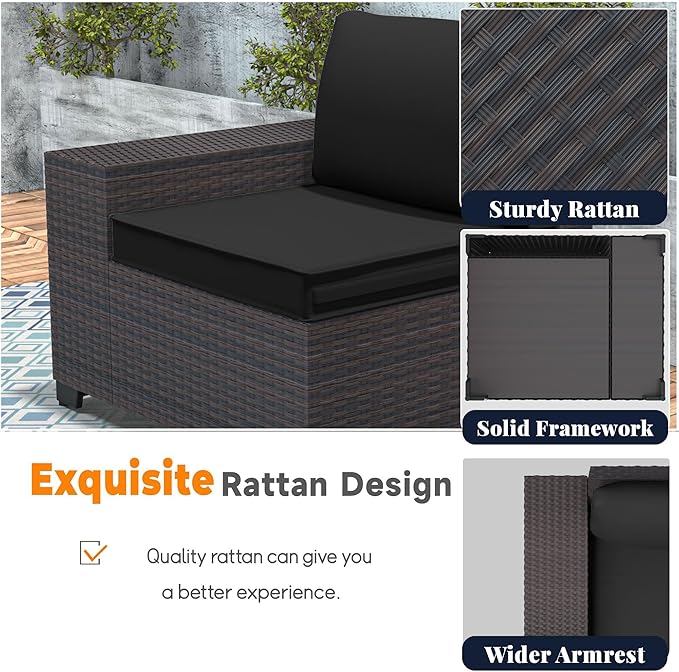 Patio Furniture Set 7 Pieces Outdoor Furniture Patio Conversation Set w/43in Aluminum Gas Fire Pit,PE Rattan Wicker 7 Pcs Outdoor Sofa Set w/55000 BTU Propane Fire Pit Table,Black