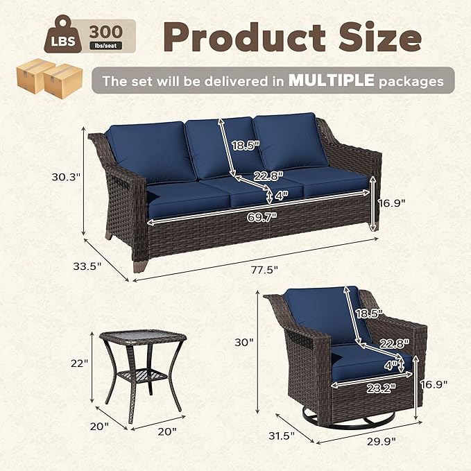 4 Pieces Patio Conversation Furniture Set - 1 Sofa, 2 Swivel Chairs, 1 Side Table, Outdoor Wicker Furniture with Removable Cushions for Porch, Balcony, Sunroom (Blue)