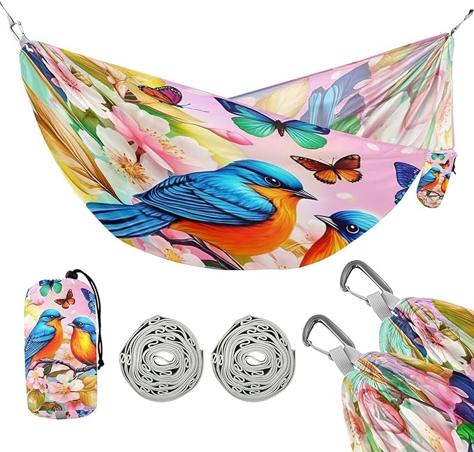 Hammocks for Outside Blue Birds Camping Hammock Portable Hammocks with Tree Straps and Carry Bag Camping Accessories for Hiking Beach Outdoor