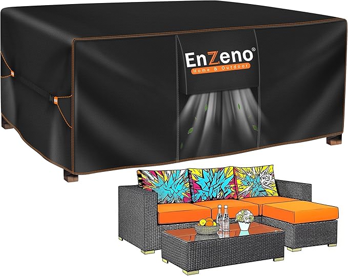 Enzeno Patio Furniture Set Cover, Outdoor Sectional Sofa Couch Set Covers Waterproof, Garden Dining Table Chair Set Cover Outside Rectangular Heavy Duty Weatherproof 71" L x 71" W x 35" H Black