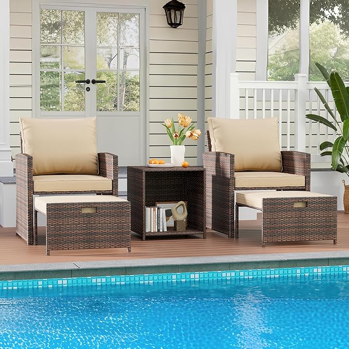 GAOMON Patio Furniture Set with Ottoman, 5 Pieces Outdoor Patio Conversation Set, Wicker Lounge Chairs with Soft Cushions & Storage Table, Outside Balcony Furniture for Porch Balcony Deck Poolside